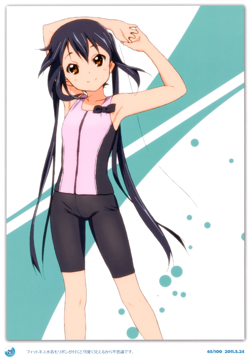 1girl 2011 absurdres armpits arms_up bare_shoulders bike_shorts black_hair brown_eyes casual dated errant highres k-on! long_hair nakano_azusa official_style signature smile solo stretch twintails