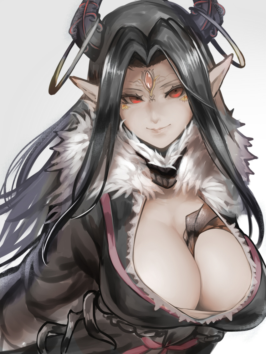 1girl between_breasts black_hair breasts closed_mouth eyelashes facing_viewer forehead_jewel fur_trim grey_background highres horn_ring horns jewelry kumiko_shiba large_breasts long_hair looking_at_viewer pointy_ears red_eyes simple_background sketch smile solo thunderbolt_fantasy upper_body xing_hai