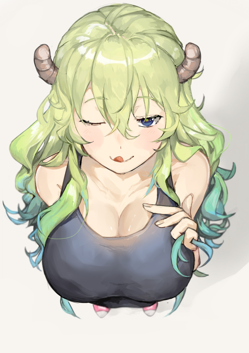 1girl ;d bangs bare_shoulders blue_eyes blush breasts desuzee dragon_girl dragon_horns eyebrows_visible_through_hair from_above gradient_hair hair_between_eyes half-closed_eyes hand_on_own_chest heterochromia highres horns kobayashi-san_chi_no_maidragon large_breasts licking_lips long_hair looking_at_viewer multicolored_hair one_eye_closed open_mouth quetzalcoatl_(maidragon) smile solo tank_top tongue tongue_out two-tone_hair