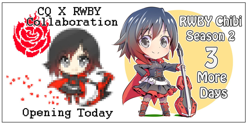 1girl black_hair cape chibi commentary_request crescent_rose crusaders_quest english grey_eyes guitar highres iesupa instrument multicolored_hair petals pixelated red_cape redhead ruby_rose rwby rwby_chibi smile solo
