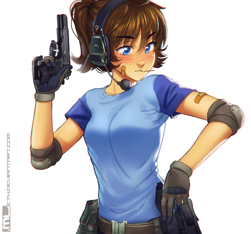 1girl bandaid bandaid_on_arm bandaid_on_face belt belt_pouch black_gloves blue_eyes blush breasts brooke_(mleth) brown_hair cz-75 ear_protection elbow_pads eyebrows_visible_through_hair freckles gloves gun handgun headset highres long_hair magazine_(weapon) mleth original pistol ponytail raglan_sleeves revision shirt small_breasts solo t-shirt trigger_discipline weapon white_background