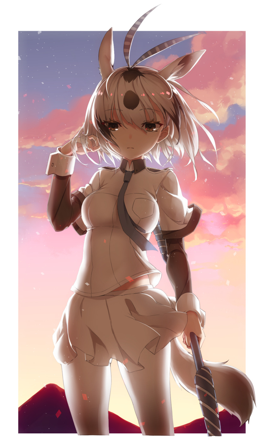 1girl antenna_hair arabian_oryx_(kemono_friends) backlighting black_necktie breasts brown_eyes brown_hair closed_mouth clouds extra_ears eyebrows_visible_through_hair frown hair_between_eyes hand_in_hair highres holding holding_weapon kemono_friends long_sleeves looking_at_viewer medium_breasts multicolored_hair necktie neko7 oryx_ears outdoors pantyhose shirt skirt sky solo standing sunset two-tone_hair weapon white_legwear white_shirt white_skirt wind wrist_cuffs