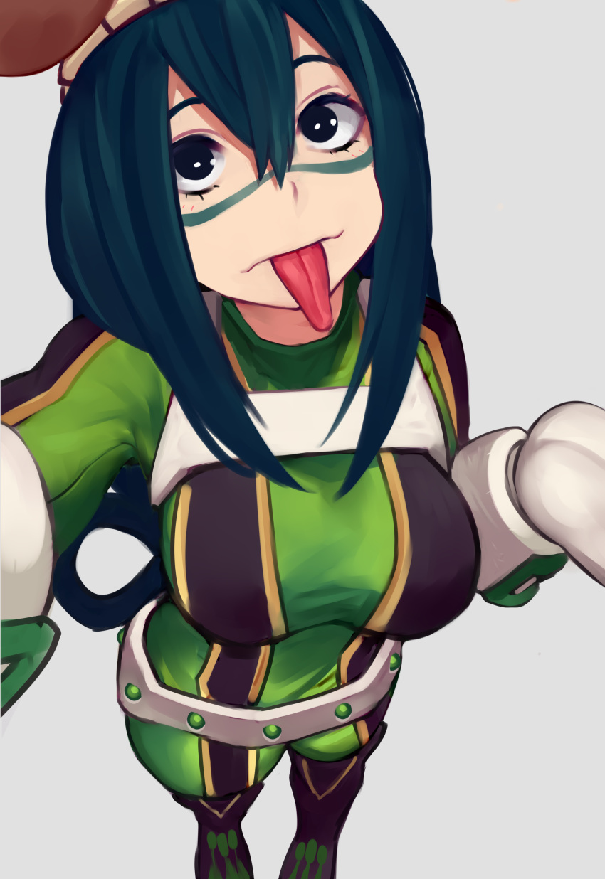 absurdres asui_tsuyu black_eyes black_hair boku_no_hero_academia breasts domino_mask full_body gloves goggles goggles_on_head highres large_breasts long_hair looking_at_viewer mask outstretched_arm simple_background sunna_(nilsunna) tongue tongue_out white_background white_gloves