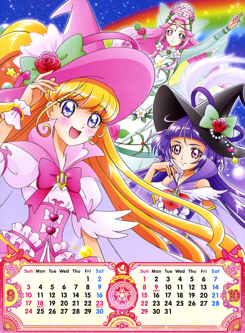 2017 3girls :d absurdres alexandrite_style artist_request asahina_mirai black_hat blush bow calendar circlet cure_felice cure_magical cure_miracle dress flower green_bow ha-chan_(mahou_girls_precure!) hanami_kotoha hat hat_bow highres izayoi_liko long_hair looking_at_viewer magical_girl mahou_girls_precure! multiple_girls october official_art open_mouth pink_bow pink_eyes pink_hair pink_hat popped_collar precure rainbow red_rose rose see-through september smile violet_eyes white_dress witch_hat wrist_cuffs