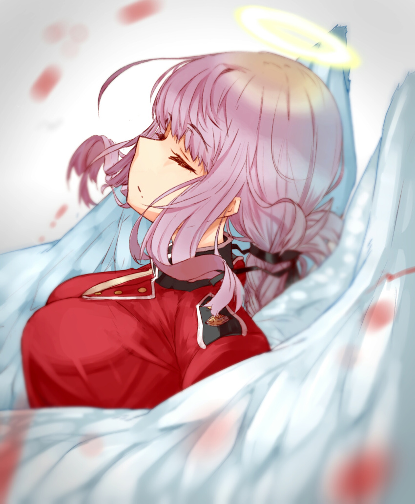 angel_wings braid closed_eyes coat fate/grand_order fate_(series) florence_nightingale_(fate/grand_order) halo highres pink_hair profile red_coat wings