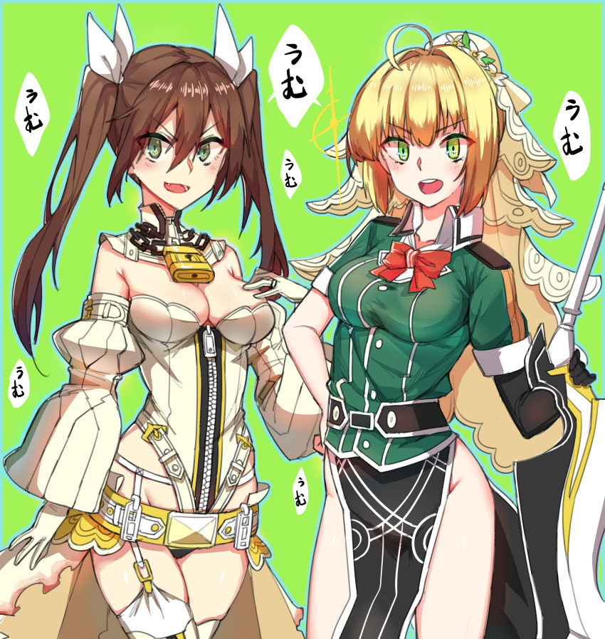 2girls :d absurdres belt blonde_hair breasts brown_hair cleavage cosplay detached_sleeves fate/extra fate/extra_ccc fate_(series) gloves green_eyes groin highres holding holding_sword holding_weapon kantai_collection leotard lock long_hair looking_at_viewer multiple_girls open_mouth saber_bride saber_bride_(cosplay) saber_extra smile sword tears tone_(kantai_collection) tone_(kantai_collection)_(cosplay) weapon white_gloves wulazula