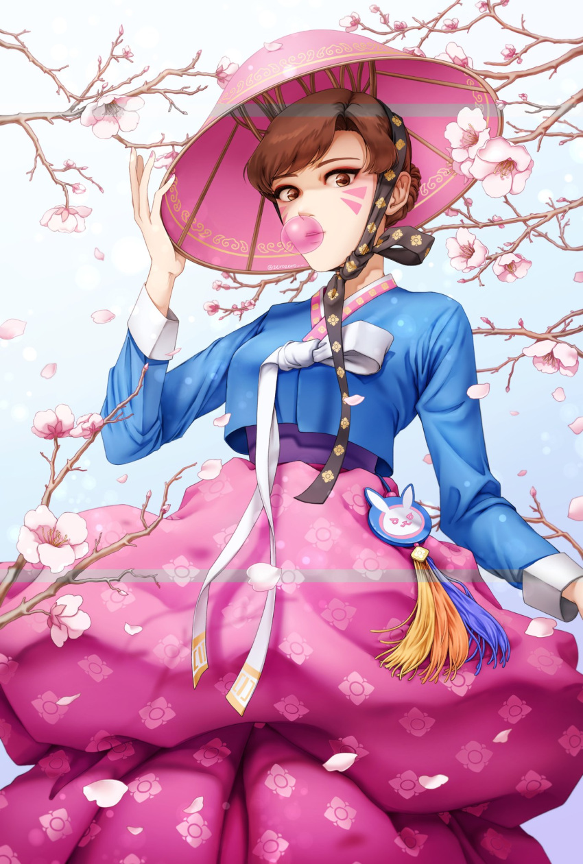 1girl alternate_costume alternate_hairstyle bangs braid brown_eyes brown_hair bubble_blowing cherry_blossoms chewing_gum cowboy_shot d.va_(overwatch) day eyeliner facepaint facial_mark fingernails floral_print flower french_braid hair_bun hanbok hand_on_headwear hat highres korean_clothes lips long_fingernails long_sleeves looking_at_viewer makeup mascara multicolored multicolored_stripes nail_polish nose outdoors overwatch palanquin_d.va parted_lips petals pink_lips pink_nails pink_skirt ribbon short_hair skirt solo standing striped striped_sleeves tassel teeth tree_branch upper_body upper_teeth whisker_markings white_ribbon zerozero