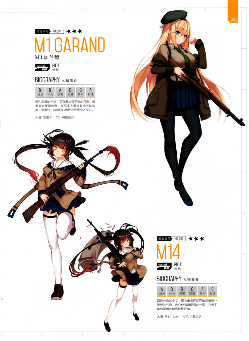 2girls absurdres bangs blonde_hair brown_hair bullet eyebrows_visible_through_hair full_body girls_frontline green_eyes gun hat high_heels highres holding holding_weapon leg_up long_hair long_sleeves looking_at_viewer m14_(girls_frontline) military multicolored_hair multiple_girls necktie official_art pantyhose pleated_skirt redhead rifle scan shirt shoes simple_background skirt smile suspenders thigh-highs twintails uniform weapon white_background white_legwear zettai_ryouiki