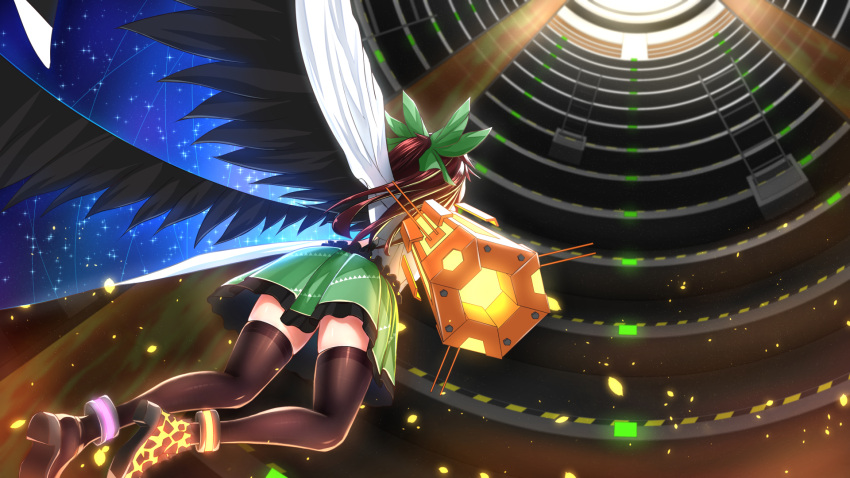 1girl arm_cannon bird_wings black_legwear black_wings bow brown_hair cape commentary_request damao_yu flying from_below green_bow green_skirt hair_bow highres long_hair looking_up mismatched_footwear reiuji_utsuho revision shirt skirt solo thigh-highs touhou weapon white_shirt wings
