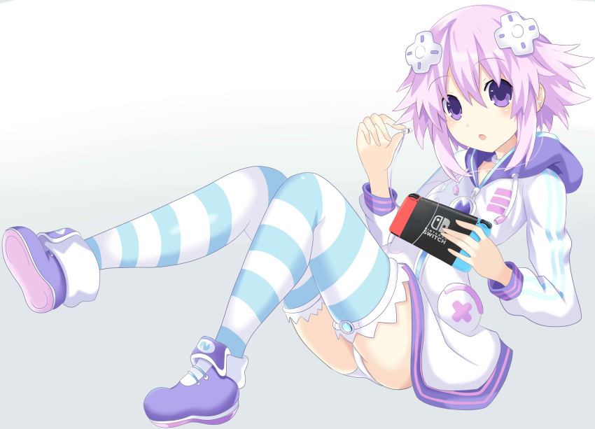 1girl :o absurdres ass choujigen_game_neptune d-pad full_body grey_background hair_ornament highres hood hooded_jacket jacket looking_at_viewer neptune_(choujigen_game_neptune) neptune_(series) nintendo_switch panties pink_hair posterior_cleavage ramu-on@_shinon shin_jigen_game_neptune_vii shoes short_hair simple_background sitting solo striped striped_legwear thigh-highs thighs underwear violet_eyes