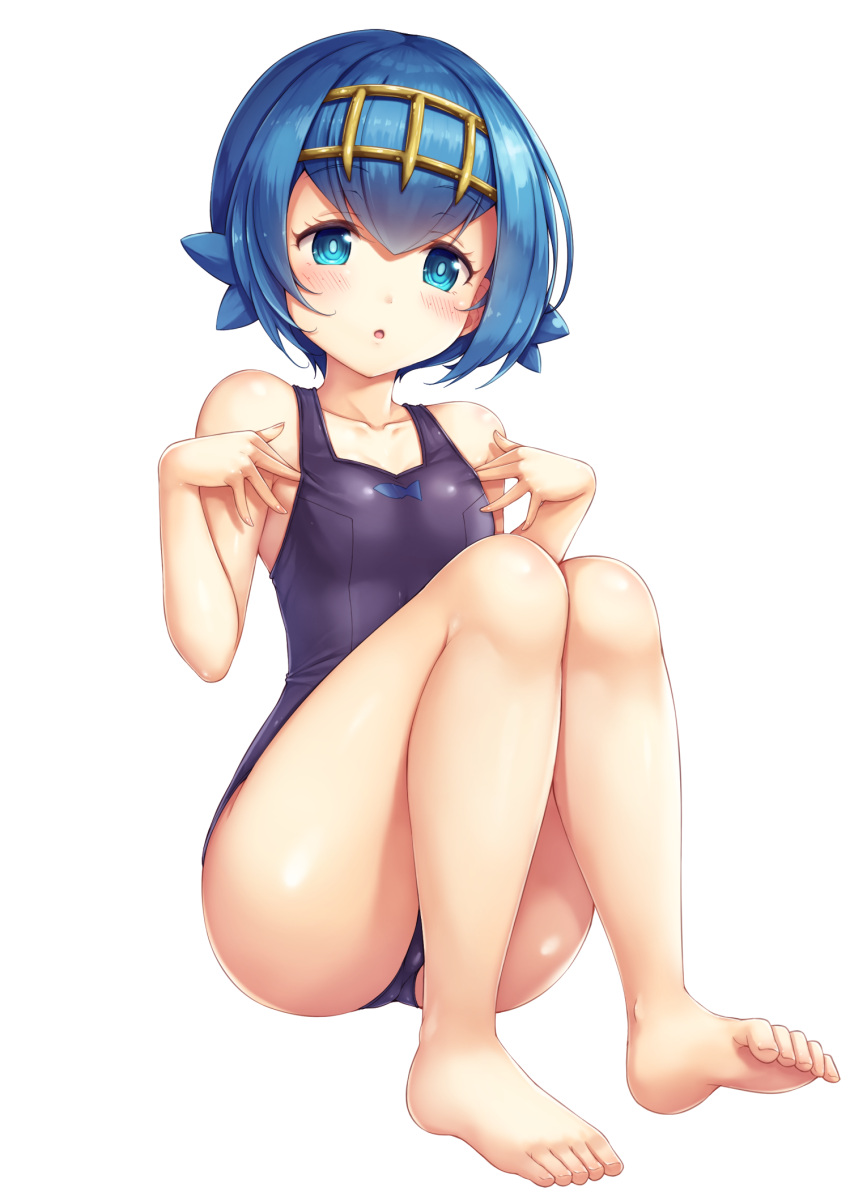 1girl :o bare_arms bare_legs barefoot blue_eyes blue_hair blush collarbone eyebrows_visible_through_hair feet full_body hair_between_eyes hairband highres looking_at_viewer one-piece_swimsuit pokemon pokemon_(game) pokemon_sm school_swimsuit short_hair simple_background sitting snowcanvas solo suiren_(pokemon) swimsuit toes trial_captain white_background
