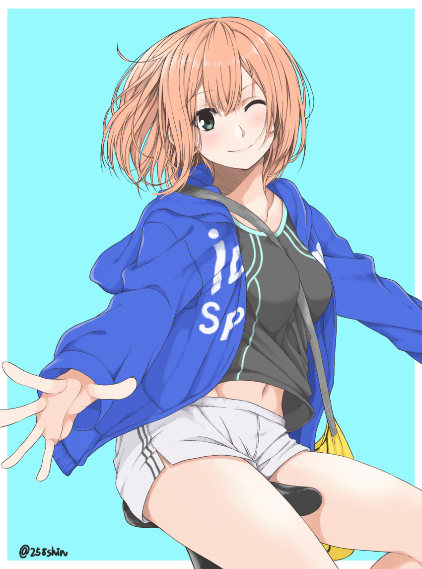 1girl absurdres amu_(258shin) bag bicycle blush bob_cut green_eyes ground_vehicle highres hood hoodie looking_at_viewer messenger_bag one_eye_closed orange_hair original outstretched_arms outstretched_hand shoulder_bag smile spread_arms teal_background