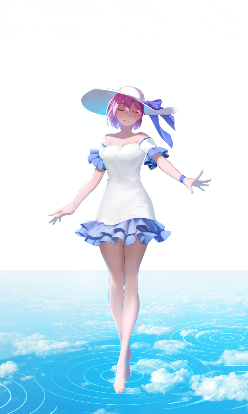 1girl absurdres bangs bare_legs bare_shoulders barefoot blue_sky bow breasts closed_mouth clouds cloudy_sky collarbone commentary dress eyelashes fingernails frilled_skirt frilled_sleeves frills full_body hair_between_eyes hat hat_bow highres jai_(whany1998) legs_together medium_breasts original pink_hat pink_lips purple_bow reflection reflective_floor ripples short_dress skirt sky smile solo standing standing_on_liquid strapless strapless_dress sun_hat toes white_dress white_hat wristband