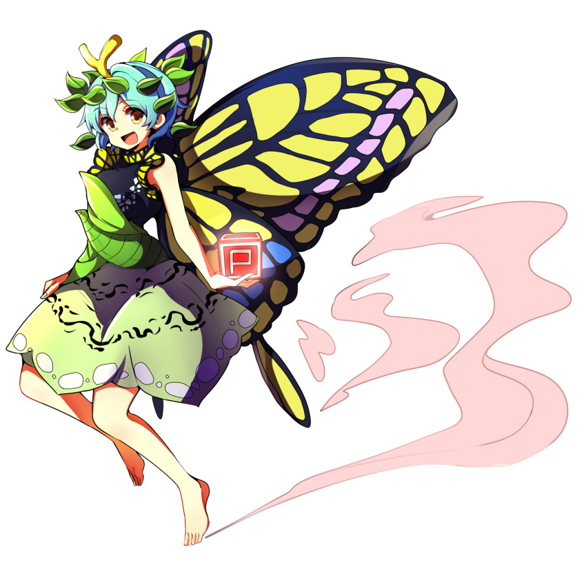 1girl antennae baba_(baba_seimaijo) bangs bare_arms barefoot blue_hair brown_eyes butterfly_wings dress eternity_larva full_body green_dress hair_between_eyes hair_ornament highres leaf leaf_hair_ornament leaf_on_head looking_at_viewer open_mouth power-up short_hair smile solo touhou transparent_background wings