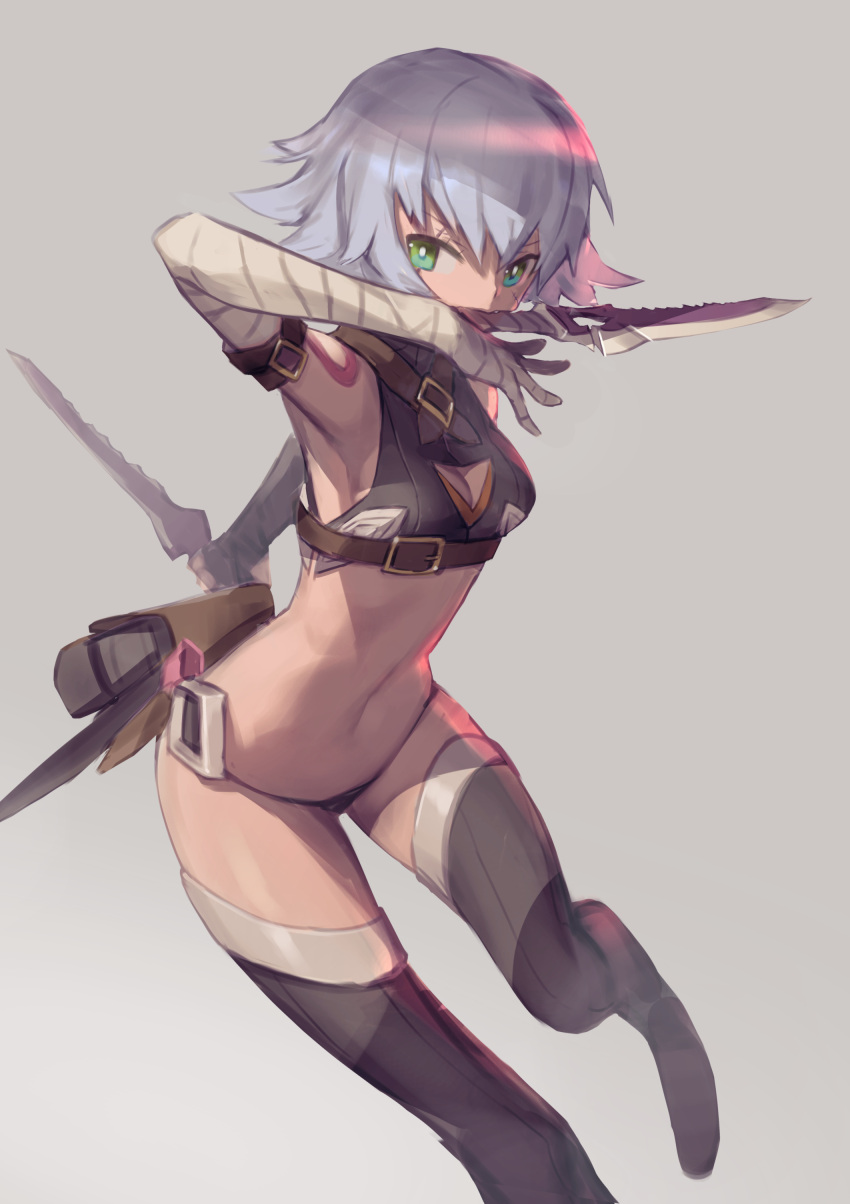 1girl absurdres armpits assassin_of_black bandage black_boots black_panties boots breasts cleavage cleavage_cutout crop_top dual_wielding fate/apocrypha fate_(series) green_eyes grey_background grey_hair highres holding holding_knife holding_weapon katahira_(hiyama) knife looking_at_viewer medium_breasts panties short_hair sideboob simple_background solo thigh-highs thigh_boots underwear weapon