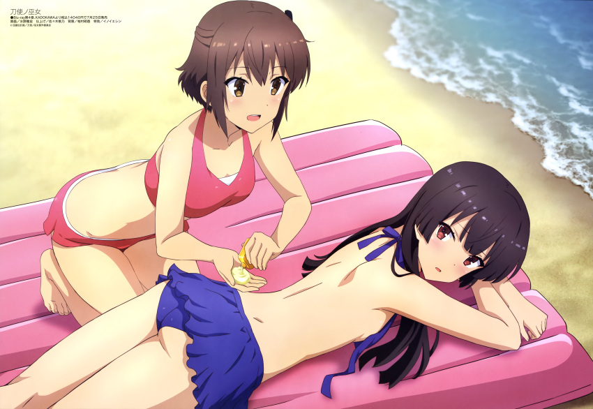 2girls absurdres ass bare_shoulders barefoot beach bikini bikini_shorts bikini_skirt black_hair black_ribbon blue_bikini blush breasts brown_eyes brown_hair day embarrassed etou_kanami eyebrows_visible_through_hair hair_between_eyes hair_ribbon highres juujou_hiyori kneeling kneepits long_hair looking_at_another lotion lying magazine_scan medium_breasts megami mizuno_takahiro_(artist) multiple_girls official_art on_stomach open_mouth outdoors pink_bikini red_eyes ribbon round_teeth sand scan short_hair shorts shoulder_blades smile sunscreen swimsuit teeth toji_no_miko tongue untied untied_bikini water