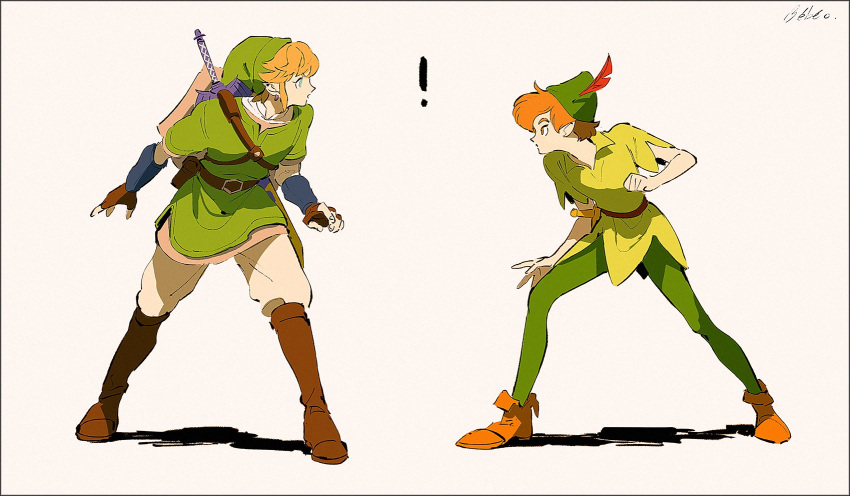 ! 2boys artist_name belt blue_eyes boots dagger earrings fingerless_gloves full_body gloves hat hat_feather highres jewelry link look-alike looking_at_another master_sword multiple_boys noaki orange_eyes orange_hair pants peter_pan_(character) peter_pan_(disney) profile scabbard sheath sheathed shield shirt short_hair short_sleeves signature sketch standing sword the_legend_of_zelda thigh-highs thigh_boots weapon white_background wide_stance