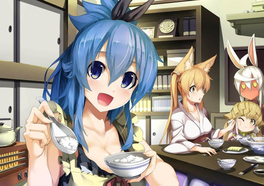 4girls :d absurdres ahoge animal_ears apron bangs bare_shoulders black_ribbon blonde_hair blue_eyes blue_hair blush bow bowl breasts brown_sweater chopsticks cleavage collarbone eyebrows_visible_through_hair feeding food fox_ears fox_girl hair_between_eyes hair_ornament hands_up highres indoors japanese_clothes jie_laite kimono large_breasts long_hair long_sleeves looking_at_viewer multiple_girls obi open_mouth original pov_feeding rabbit_ears red_bow ribbed_sweater ribbon rice rice_bowl rice_spoon sash short_ponytail smile sweatdrop sweater table turtleneck turtleneck_sweater twintails wide_sleeves wiping_face yellow_apron yellow_eyes
