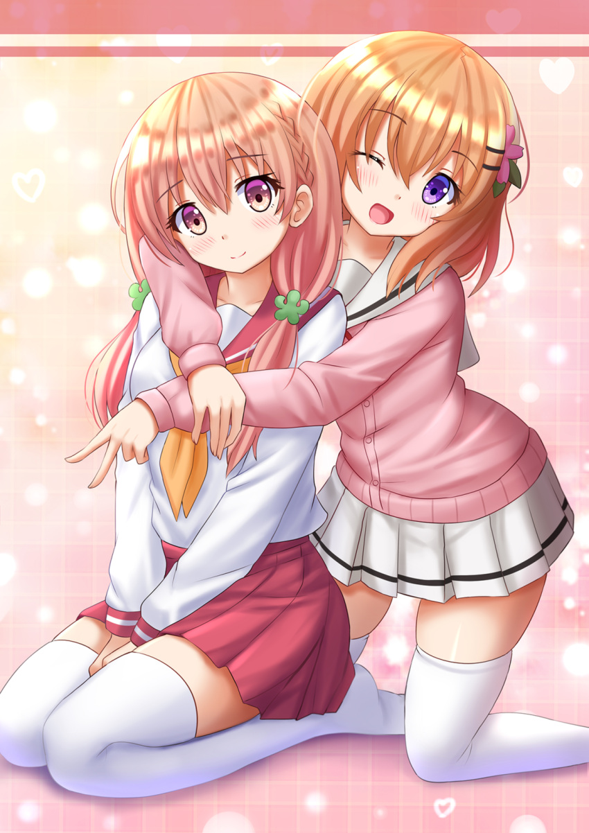 2girls ;d between_legs blush crossover eyebrows_visible_through_hair flower gochuumon_wa_usagi_desu_ka? hair_flower hair_ornament hairclip hand_between_legs heart highres hinako_note hoto_cocoa hug kazenokaze kneeling long_hair long_sleeves looking_at_viewer low_twintails multiple_girls no_shoes one_eye_closed open_mouth orange_hair pink_hair pleated_skirt red_skirt sakuragi_hinako school_uniform seiza serafuku short_hair sitting skirt smile thigh-highs twintails violet_eyes white_legwear white_skirt