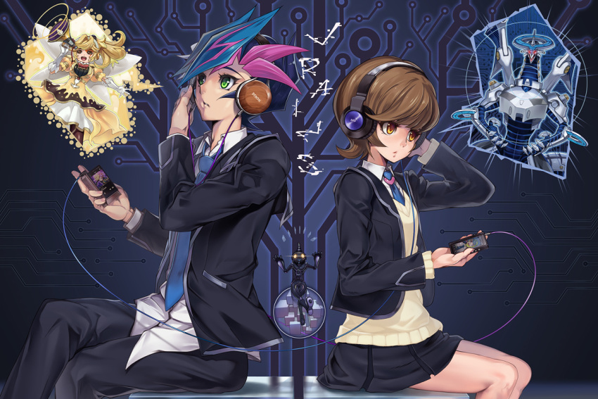 1boy 1girl back-to-back bangs black_hair black_pants black_skirt blazer blue_hair blue_necktie brown_hair cardigan duel_monster firewall_dragon fujiki_yuusaku green_eyes headphones ignis_(yuu-gi-ou) jacket lazward long_sleeves multicolored_hair necktie open_blazer open_clothes open_jacket orange_eyes pants parted_lips pink_hair school_uniform sitting skirt swept_bangs trickstar_candina yu-gi-oh! yuu-gi-ou_vrains zaizen_aoi