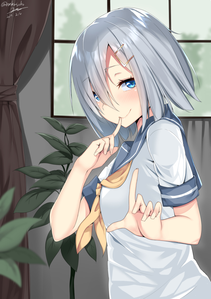 1girl blue_eyes blush breasts curtains dated eyes_visible_through_hair gloves hair_ornament hair_over_one_eye hairclip hamakaze_(kantai_collection) highres index_finger_raised indoors kantai_collection looking_at_viewer medium_breasts nebusoku school_uniform serafuku short_hair signature silver_hair smile solo upper_body white_gloves window