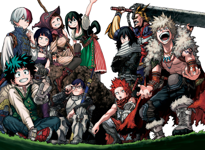 3girls 6+boys aizawa_shouta all_might alternate_costume asui_tsuyu bakugou_katsuki berserk boku_no_hero_academia dragonslayer_(sword) grass horikoshi_kouhei iida_tenya jirou_kyouka kirishima_eijirou looking_at_viewer midoriya_izuku multiple_boys multiple_girls official_art simple_background textless todoroki_shouto uraraka_ochako white_background