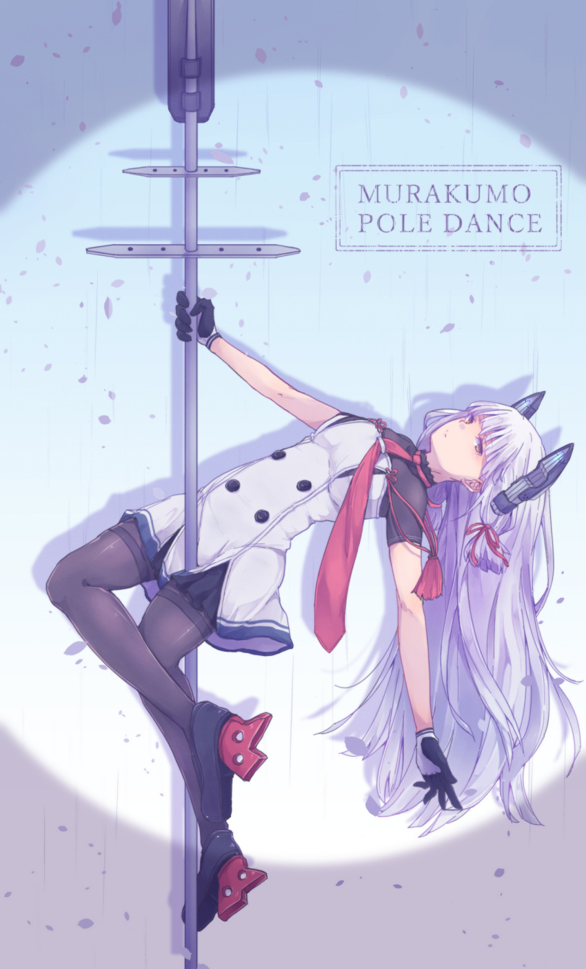 1girl commentary commentary_request gloves hair_ribbon headgear highres kantai_collection long_hair murakumo_(kantai_collection) necktie pantyhose pole_dancing polearm remodel_(kantai_collection) ribbon shikajima_shika solo stage_lights thighband_pantyhose tress_ribbon weapon white_hair