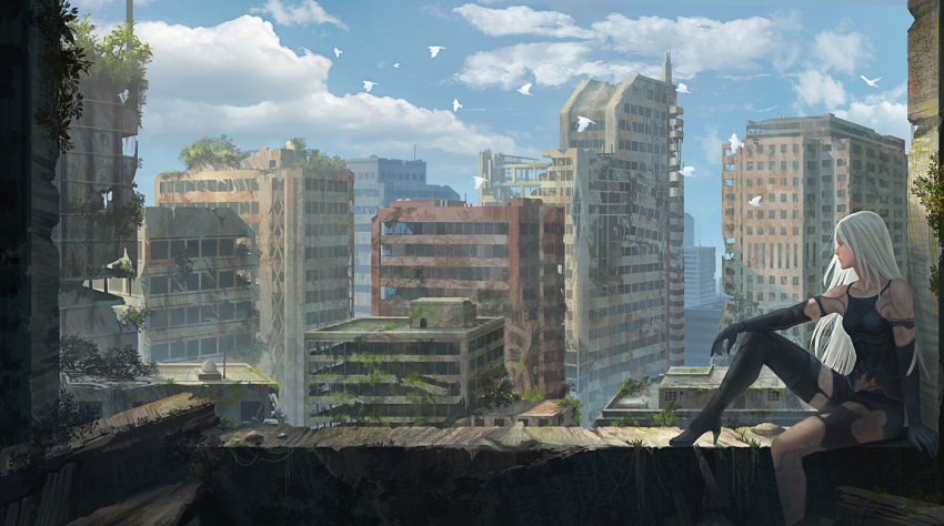 1girl android bird black_gloves blue_sky building city cityscape clouds destruction elbow_gloves gloves high_heels long_hair nier_(series) nier_automata post-apocalypse rooftop ruins scenery silver_hair single_thighhigh sitting sky solo thigh-highs very_long_hair yagaminoue yorha_type_a_no._2