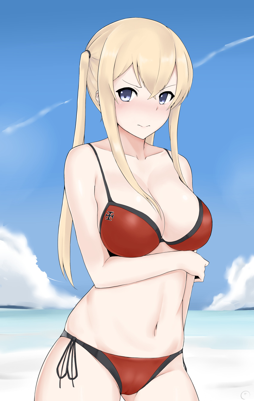 1girl absurdres angry beach bikini blonde_hair blue_eyes blush breasts cleavage cowboy_shot day graf_zeppelin_(kantai_collection) hair_between_eyes highres iron_cross kantai_collection large_breasts long_hair looking_at_viewer maruya1006 navel no_hat no_headwear outdoors red_bikini side-tie_bikini sidelocks solo standing swimsuit twintails