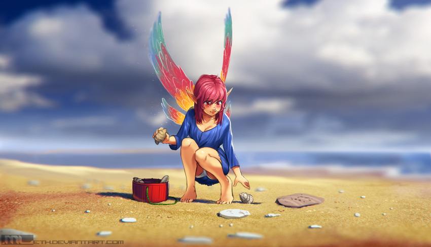 1girl bare_legs barefoot beach blue_dress bottle_cap breasts clouds cloudy_sky commentary dress erylia_(mleth) fairy fairy_wings full_body highres minigirl mleth ocean original panties pantyshot pantyshot_(squatting) pink_hair pointy_ears red_eyes seashell shell sky small_breasts solo squatting toes underwear watermark web_address white_panties wings