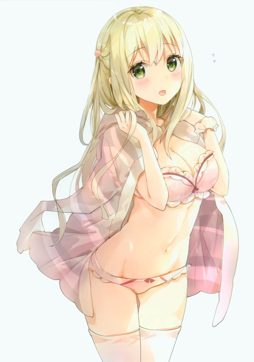 1girl :o absurdres bangs blonde_hair blue_background blush bow bow_panties bra breasts cleavage collarbone cowboy_shot eyebrows_visible_through_hair flying_sweatdrops frilled_bra frills fuumi_(radial_engine) green_eyes grey_shirt hair_bobbles hair_ornament highres long_hair long_sleeves looking_at_viewer medium_breasts navel open_clothes open_mouth open_shirt original panties pink_bra pink_panties red_bow scan shirt short_sleeves simple_background solo standing stomach thigh-highs thigh_gap underwear white_legwear wristband