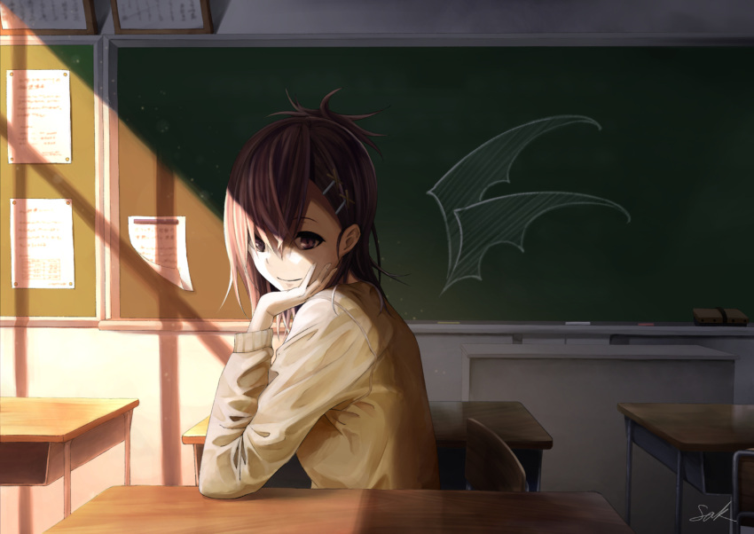 1girl artist_signature bat_wings cardigan chair chalk chalkboard classroom classroom_eraser desk gabriel_dropout hair_ornament hand_on_own_cheek hand_on_own_face looking_at_viewer purple_hair sak_(pixiv) school_uniform short_hair sitting smile solo topknot tsukinose_vignette_april violet_eyes window_shade wings x_hair_ornament