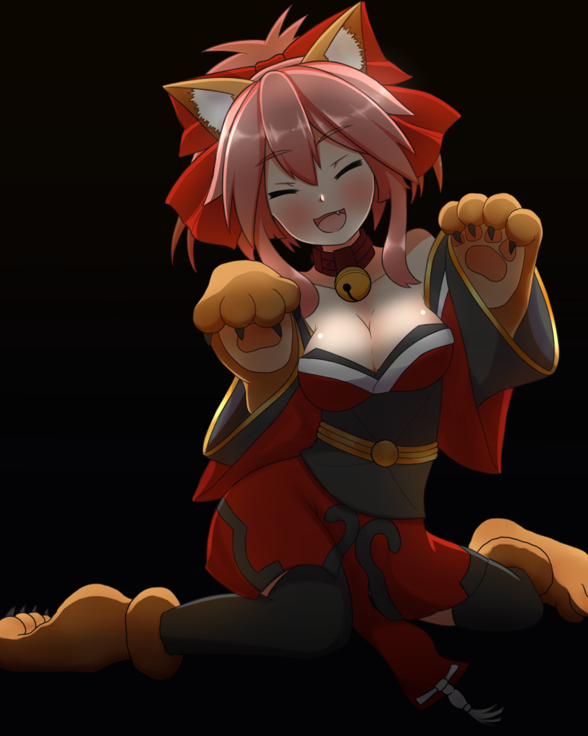 1girl absurdres animal_ears bell bell_collar black_background breasts cleavage closed_eyes collar collarbone fang fate/grand_order fate_(series) fox_ears fox_tail hair_ribbon highres japanese_clothes large_breasts long_hair looking_at_viewer open_mouth paw_pose paws pink_hair ribbon silver_light simple_background sitting solo tail tamamo_(fate)_(all) tamamo_cat_(fate)