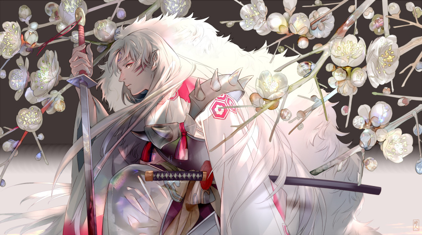 1boy armor commentary flower highres holding holding_weapon inuyasha inuyasha_(character) japanese_clothes katana long_hair looking_at_viewer pointy_ears saiga_tokihito sesshoumaru solo sword weapon white_hair yellow_eyes