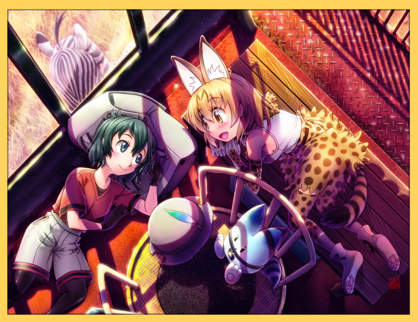 3girls animal_ears backpack bag black_gloves black_hair black_legwear blonde_hair blue_eyes blush bucket_hat collar day elbow_gloves eye_contact eyebrows_visible_through_hair from_above full_body gloves hat hat_feather hat_removed headwear_removed high-waist_skirt japari_bus kaban_(kemono_friends) kemono_friends long_hair looking_at_another lucky_beast_(kemono_friends) lying muchousha multiple_girls on_side open_mouth plains_zebra_(kemono_friends) red_shirt serval_(kemono_friends) serval_ears serval_print serval_tail shirt short_sleeves shorts skirt sleeveless sleeveless_shirt smile striped_tail tail yellow_eyes zebra_ears