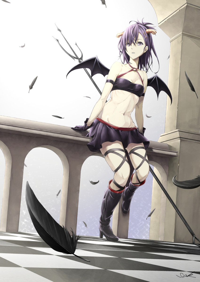 1girl arch armlet artist_signature bare_shoulders bat_wings boots checkered checkered_floor column cross-laced_legwear demon_horns feathers gabriel_dropout gloves hair_ornament hallelujah_essaim high_heels highres horns looking_away midriff navel o-ring_top parted_lips pillar polearm purple_hair sak_(pixiv) short_hair skirt solo topknot trident tsukinose_vignette_april violet_eyes weapon wings x_hair_ornament