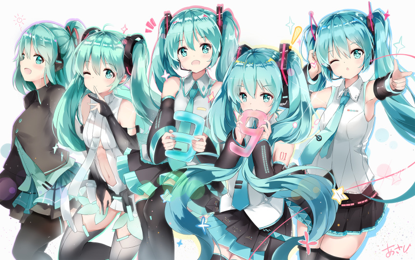 39 :d ;) aqua_eyes aqua_hair black_legwear black_skirt blue_necktie blush breasts closed_mouth fang hand_on_headphones hatsune_miku hatsune_miku_(vocaloid3) headphones highres jpeg_artifacts k.syo.e+ long_hair looking_at_viewer medium_breasts miku_append navel necktie one_eye_closed open_mouth ponytail revision signature skirt small_breasts smile thigh-highs twintails v4x vocaloid vocaloid_append