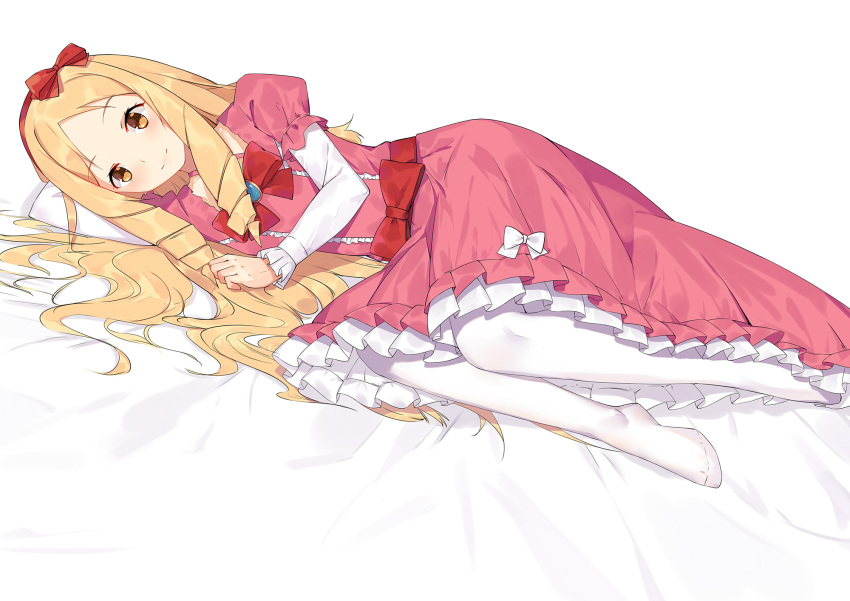 1girl arm_up bed_sheet blonde_hair blush bow bowtie brooch brown_eyes closed_mouth collarbone commentary_request dress drill_hair eromanga_sensei frilled_dress frills full_body gem hair_bow hairband highres jewelry layered_sleeves long_hair long_sleeves looking_at_viewer lying no_shoes on_side pantyhose pink_dress puffy_short_sleeves puffy_sleeves red_bow red_bowtie red_hairband sapphire_(stone) short_sleeves simple_background smile solo tareme very_long_hair wavy_hair white_background white_legwear wujia_xiaozi yamada_elf