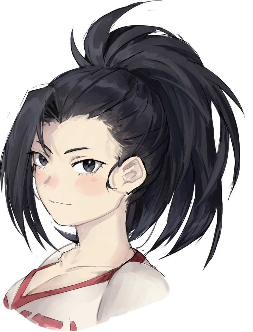 1girl bare_shoulders black_hair blush boku_no_hero_academia breasts brown_eyes cleavage collarbone desuzee face highres long_hair shirt short_sleeves simple_background smile solo t-shirt upper_body white_background yaoyorozu_momo