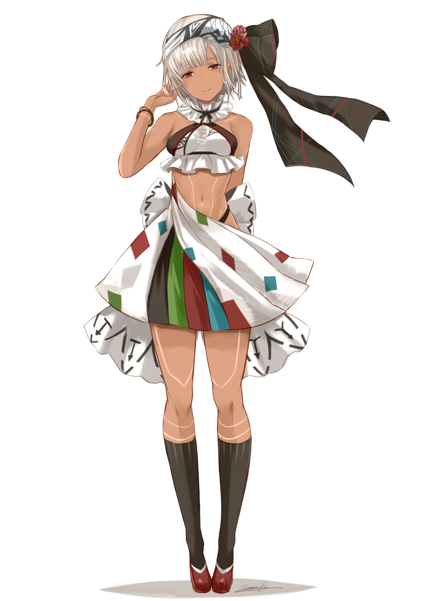 1girl absurdres altera_(fate) bare_arms bare_shoulders breasts dark_skin detached_sleeves fate/grand_order fate_(series) full_body hairband head_tilt highres light_smile looking_at_viewer midriff miniskirt multicolored multicolored_clothes multicolored_skirt navel red_eyes short_hair simple_background skirt small_breasts tattoo white_background white_hair yatsuka_(846)