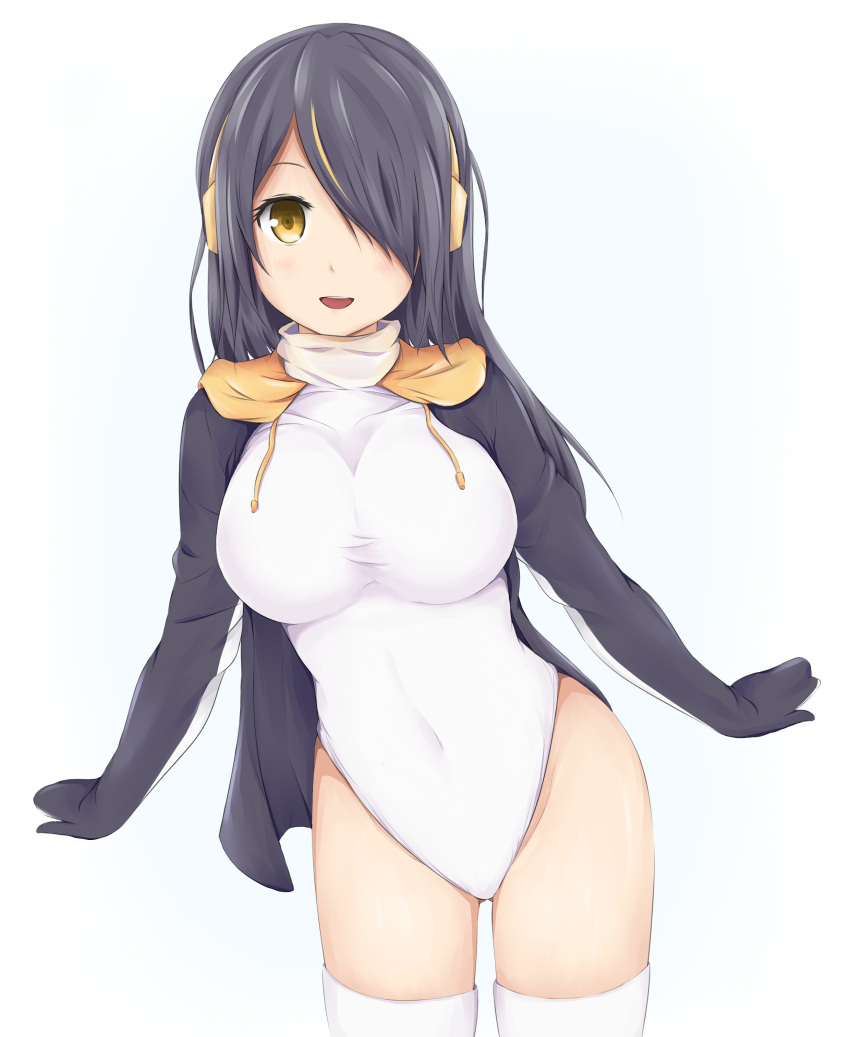 1girl :d absurdres black_hair blonde_hair blush breasts drawstrings emperor_penguin_(kemono_friends) hair_over_one_eye headphones highleg highleg_leotard highres kemono_friends large_breasts leaning_to_the_side leotard looking_at_viewer multicolored_hair open_mouth simple_background smile solo streaked_hair thigh-highs turtleneck two-tone_hair white_background white_legwear white_leotard yellow_eyes yuyusuika