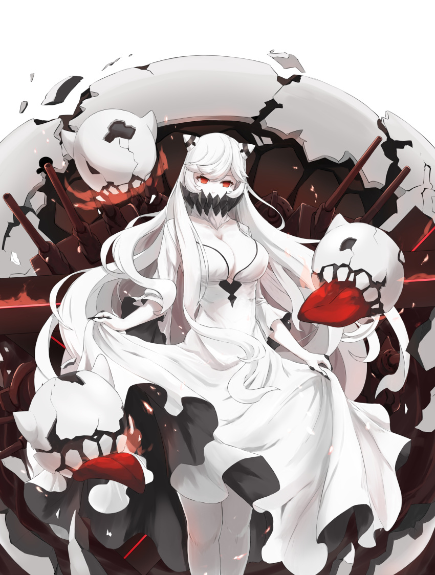 1girl breasts claws cleavage collar commentary_request dress highres horns kantai_collection kou_v05first large_breasts long_hair midway_hime red_eyes shinkaisei-kan skirt_hold teeth tongue tongue_out white_hair white_skin