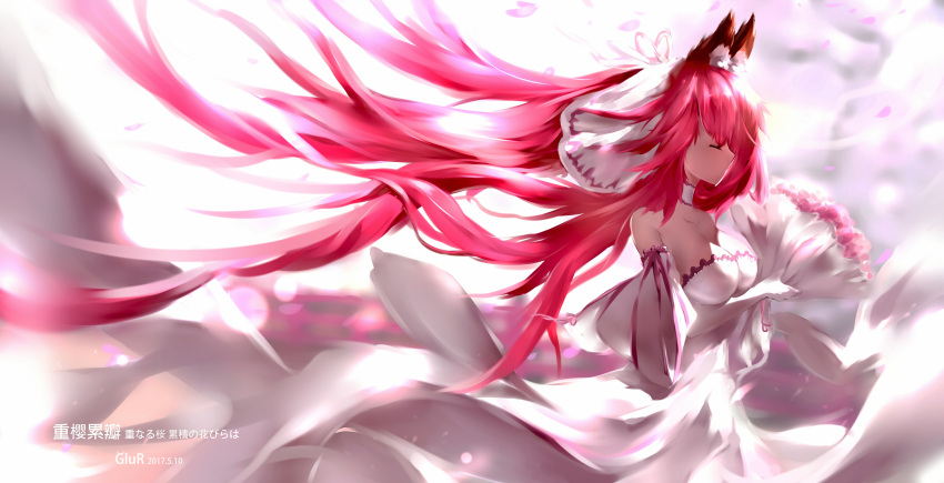 1girl absurdres animal_ears bare_shoulders bouquet breasts bridal_veil bride collarbone dress elbow_gloves fate_(series) flower fox_ears gloves highres large_breasts long_hair mochigome_(fatelly) no_mouth pink_hair rose solo tamamo_(fate)_(all) tamamo_no_mae_(fate) veil very_long_hair wedding wedding_dress white_dress