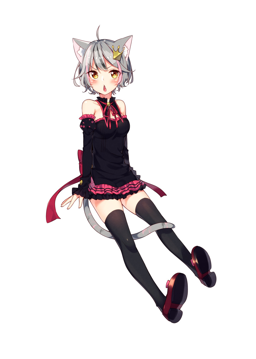 &gt;:o 1girl :o absurdres animal_ears bangs bare_shoulders black_dress blush breasts cat_ears cat_tail chestnut_mouth detached_sleeves dress eyebrows_visible_through_hair flats full_body grey_hair hair_ornament highlights highres legs_apart looking_at_viewer medium_breasts multicolored_hair open_mouth original pink_hair pink_skirt puffy_detached_sleeves puffy_sleeves purple_shoes sakuragi_ren shoes short_hair silver_hair sitting skirt solo tail thigh-highs tirol_(sakuragi_ren) transparent_background yellow_eyes zettai_ryouiki