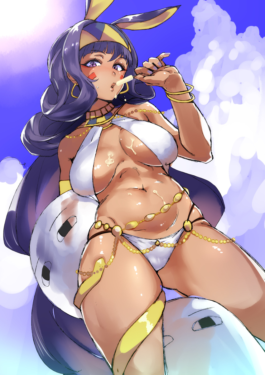 1girl absurdres animal_ears belly_chain bikini breasts dark_skin earrings facial_mark fate/grand_order fate_(series) food hairband halter_top halterneck highres jewelry long_hair medium_breasts medjed melting necklace nitocris_(fate/grand_order) pokkora popsicle purple_hair rabbit_ears sexually_suggestive swimsuit very_long_hair violet_eyes
