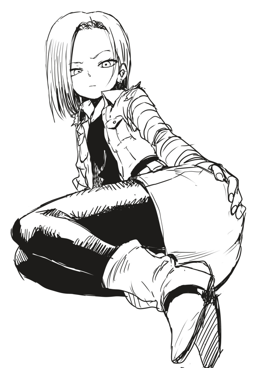 1girl android_18 ass_grab bangs black_legwear black_shirt boots dragon_ball dragonball_z earrings full_body hand_on_ass highres jacket jewelry long_sleeves looking_at_viewer lying monochrome open_clothes open_jacket pantyhose parted_bangs shirt short_hair skirt solo torn_clothes yamamoto_souichirou