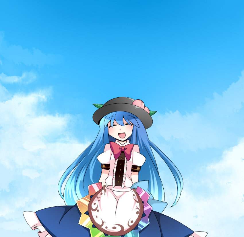 1girl :d ^_^ arms_behind_back blue_sky bow closed_eyes commentary_request food fruit hammer_(sunset_beach) happy hat highres hinanawi_tenshi long_skirt open_mouth peach skirt sky smile solo touhou