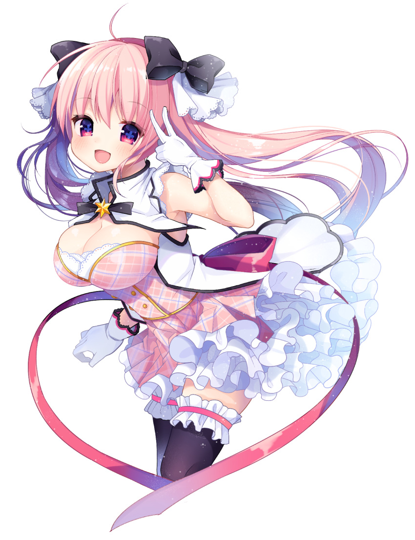 1girl black_legwear black_ribbon breasts bustier capelet cleavage cropped_legs frilled_skirt frills gloves hair_ribbon highres large_breasts looking_at_viewer miiiiiiii miniskirt museca open_mouth pink_eyes pink_hair pink_skirt red_ribbon ribbon simple_background skirt smile solo thigh-highs v white_background white_gloves