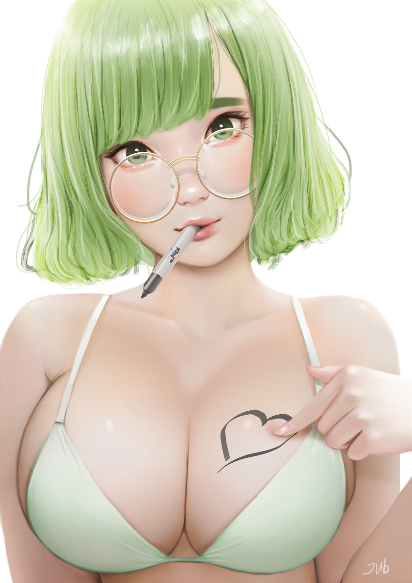 1girl absurdres artist_name bangs bare_arms bare_shoulders bikini_top blunt_bangs bodypaint breasts cleavage collarbone fingernails glasses green_bikini_top green_eyes green_hair head_tilt heart highres large_breasts lips looking_at_viewer marker mouth_hold original pointing regiana_(jubi) round_glasses short_hair solo thick_eyebrows upper_body yellow-framed_eyewear