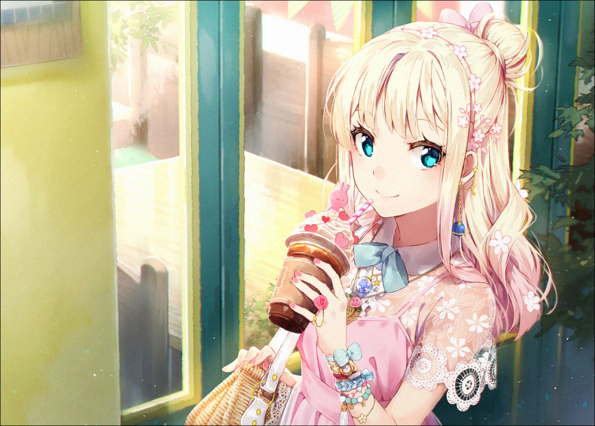 1girl aqua_eyes blonde_hair blush closed_mouth coffee dress gradient_hair hakusai_(tiahszld) holding long_hair multicolored_hair original pink_dress pink_hair smile solo upper_body